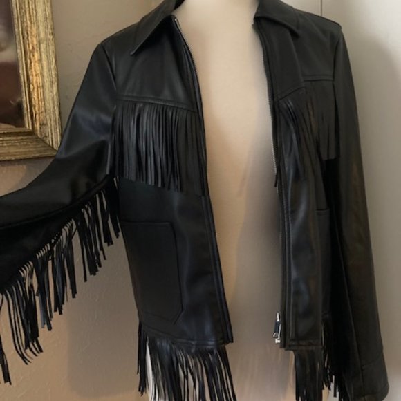 BIG SALE! Women's Black Faux-Leather Fringe Jacket By Sebby - Size M - Picture 4 of 8